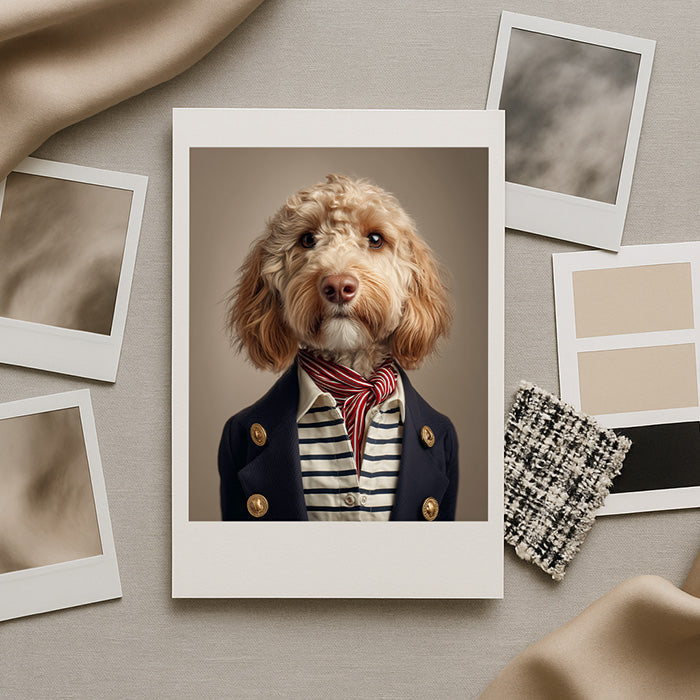 Designer's mood board flat lay with a Polaroid of a Goldendoodle in a navy blazer and striped shirt. Surrounding it are fabric swatches and color chips, conveying a chic, preppy style on a linen background.