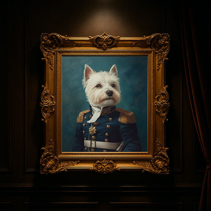 A custom pet portrait in a classical, old masters style. A white Westie is portrayed as a distinguished general in an ornate blue military uniform, presented in a lavish gold frame against a dark, atmospheric wall.