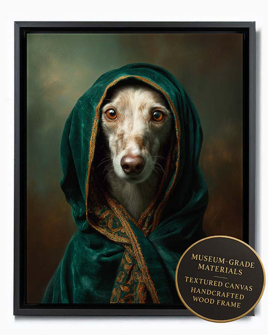 Wagwag Art 18th-century custom pet portrait – a serene female dog in an emerald green velvet cloak with gold trim, classic oil painting style, shown in black frame