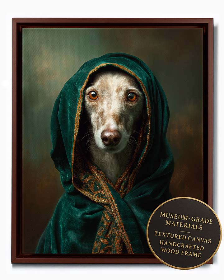 Wagwag Art 18th-century custom pet portrait – a serene female dog in an emerald green velvet cloak with gold trim, classic oil painting style, shown in espresso frame