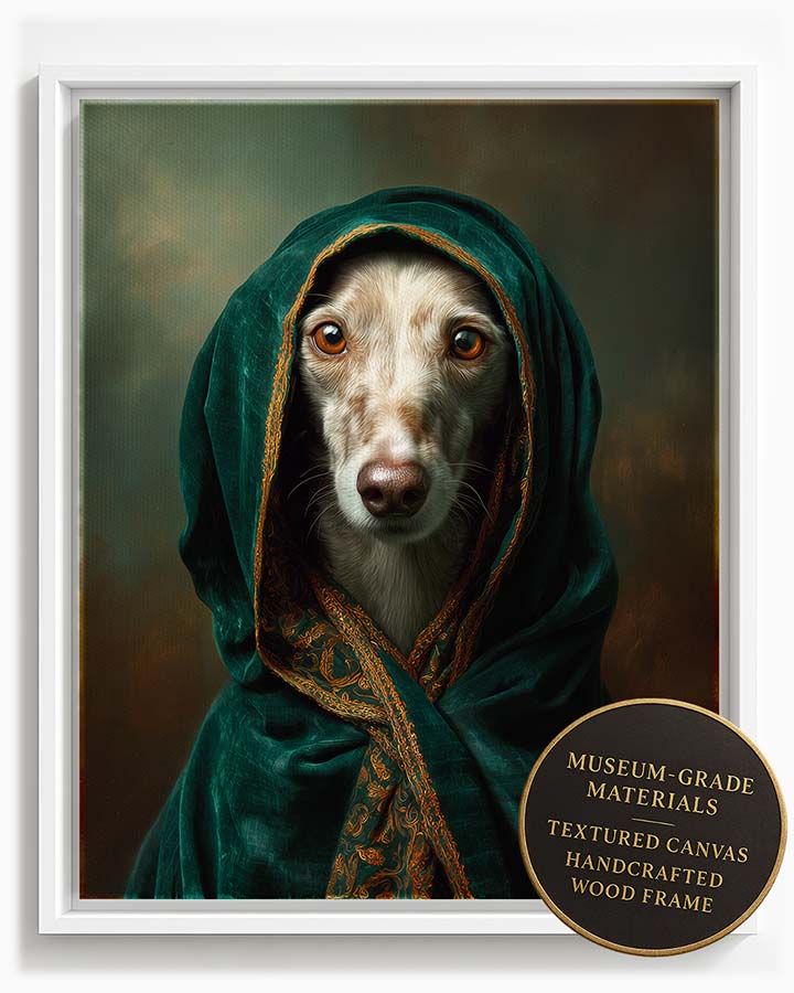Wagwag Art 18th-century custom pet portrait – a serene female dog in an emerald green velvet cloak with gold trim, classic oil painting style, shown in white frame