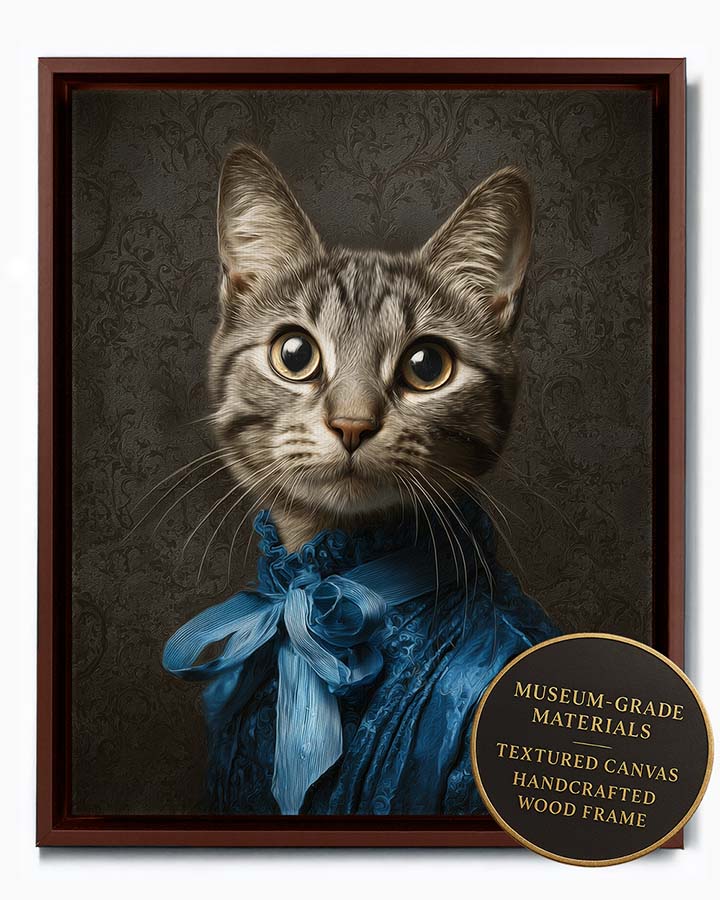 Wagwag Art Baroque-inspired custom pet portrait – a cute female tabby cat in royal blue silk gown with large bow and ruffled collar, dark damask background, shown in espresso frame