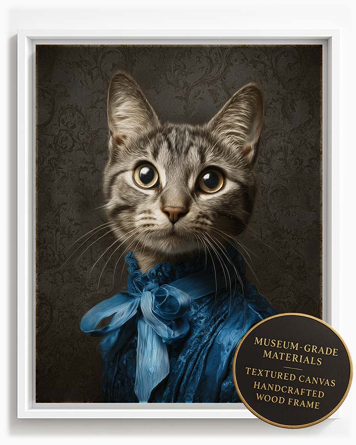Wagwag Art Baroque-inspired custom pet portrait – a cute female tabby cat in royal blue silk gown with large bow and ruffled collar, dark damask background, shown in white frame