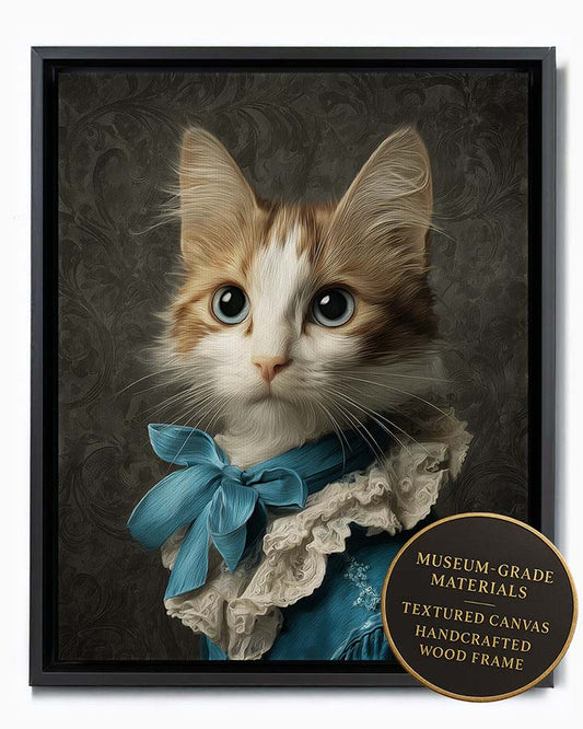 Wagwag Art Baroque-style custom pet portrait – a cute female cat in royal blue silk gown with sky blue ribbon, classical oil painting with damask background, shown in black frame