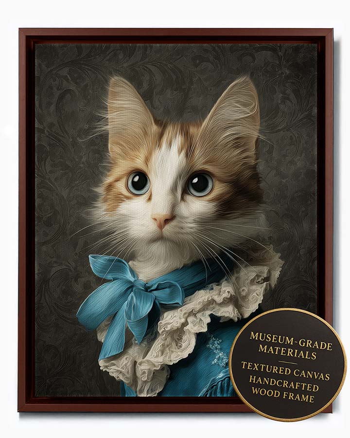 Wagwag Art Baroque-style custom pet portrait – a cute female cat in royal blue silk gown with sky blue ribbon, classical oil painting with damask background, shown in espresso frame