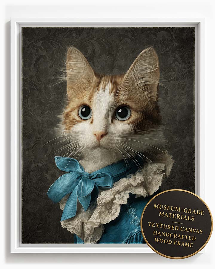 Wagwag Art Baroque-style custom pet portrait – a cute female cat in royal blue silk gown with sky blue ribbon, classical oil painting with damask background, shown in white frame
