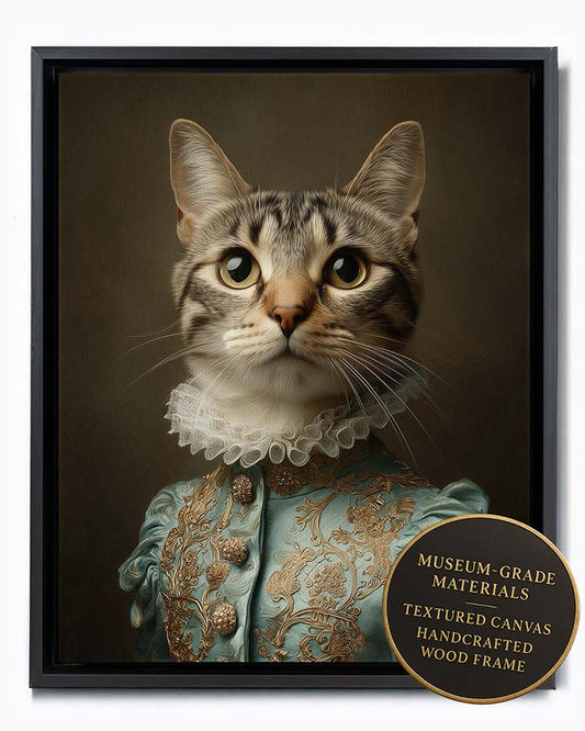 Wagwag Art Baroque-style custom pet portrait – a graceful female cat in pale blue brocade with gold embroidery and ruffled collar, classical oil painting style, shown in black frame