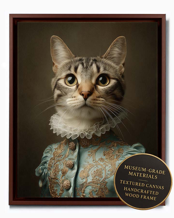 Wagwag Art Baroque-style custom pet portrait – a graceful female cat in pale blue brocade with gold embroidery and ruffled collar, classical oil painting style, shown in espresso frame