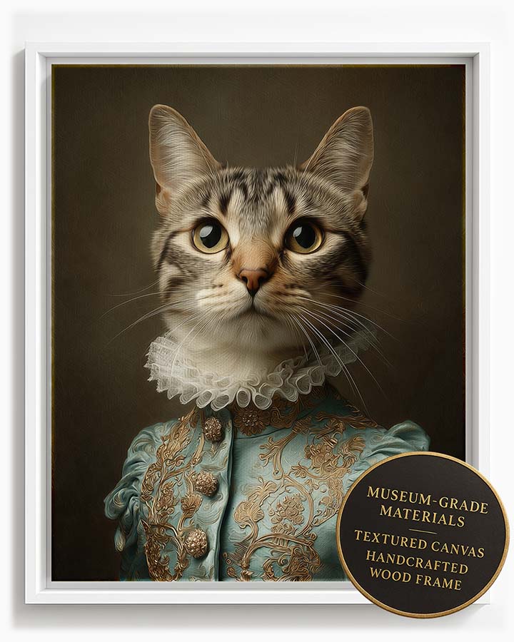 Wagwag Art Baroque-style custom pet portrait – a graceful female cat in pale blue brocade with gold embroidery and ruffled collar, classical oil painting style, shown in white frame