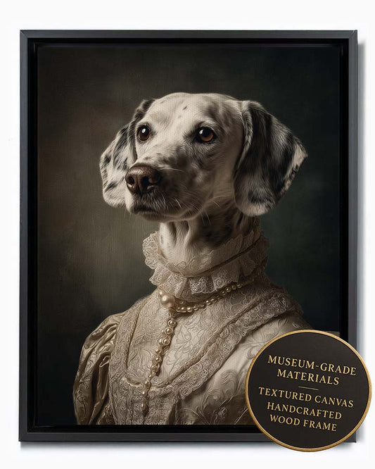 Wagwag Art Baroque-style custom pet portrait – a graceful female dog in ivory silk gown with subtle patterns, soft lighting and muted classic background, oil painting style, shown in black frame