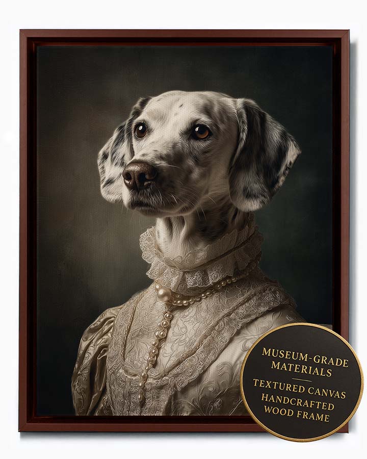 Wagwag Art Baroque-style custom pet portrait – a graceful female dog in ivory silk gown with subtle patterns, soft lighting and muted classic background, oil painting style, shown in espresso frame