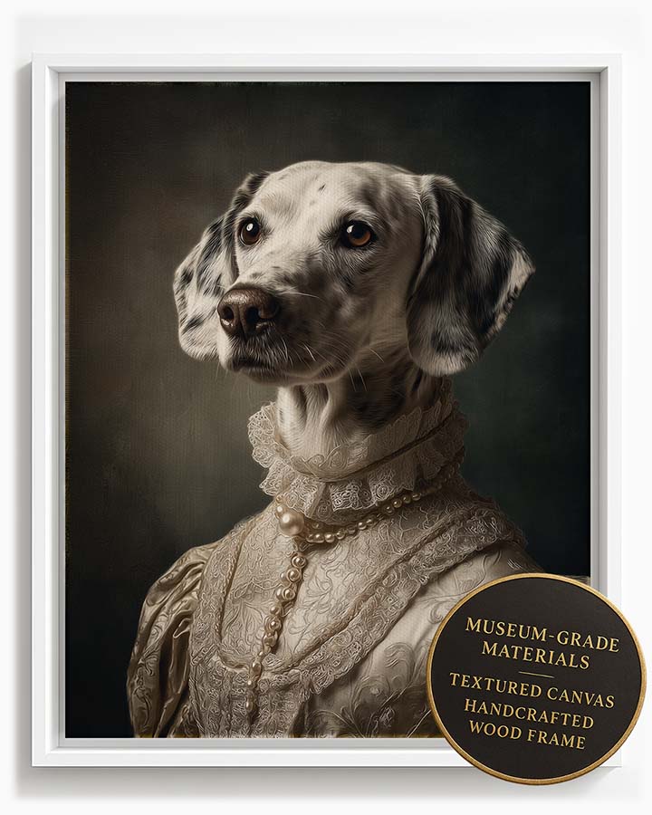 Wagwag Art Baroque-style custom pet portrait – a graceful female dog in ivory silk gown with subtle patterns, soft lighting and muted classic background, oil painting style, shown in white frame