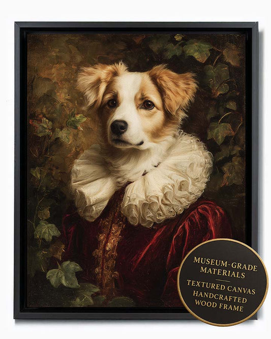 Wagwag Art Baroque-style custom pet portrait – a noble dog in burgundy velvet gown with gold embroidery and white ruff collar, surrounded by ivy and foliage, oil painting style, shown in black frame
