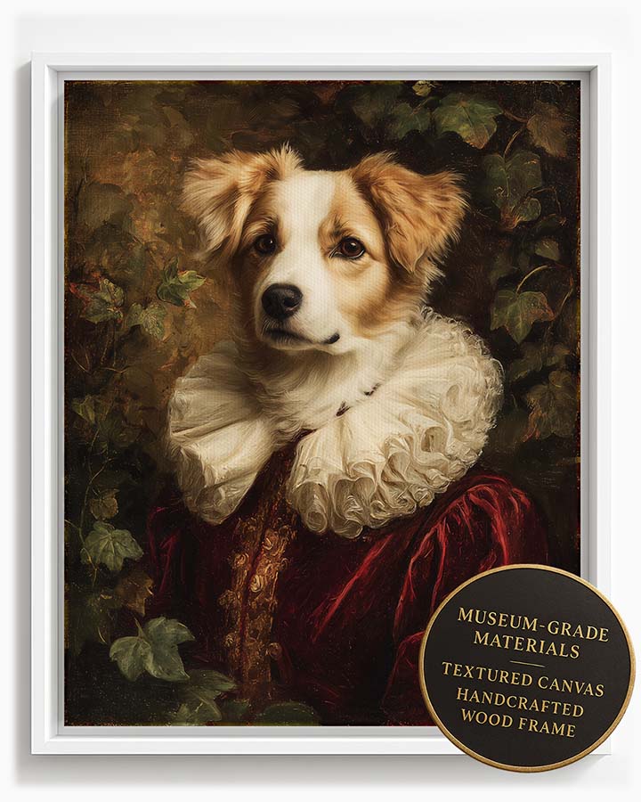Wagwag Art Baroque-style custom pet portrait – a noble dog in burgundy velvet gown with gold embroidery and white ruff collar, surrounded by ivy and foliage, oil painting style, shown in white frame
