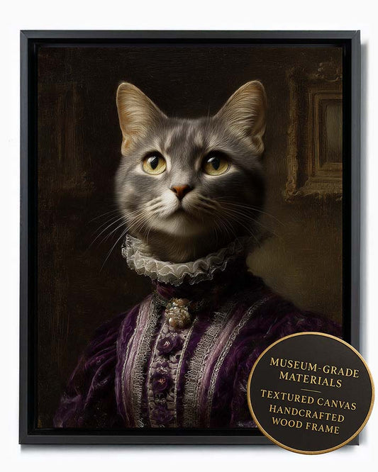 Wagwag Art baroque-style custom pet portrait – a noble female cat in royal purple velvet gown with silver trim, warm candlelight and dark wood background, classical oil painting style, shown in black frame