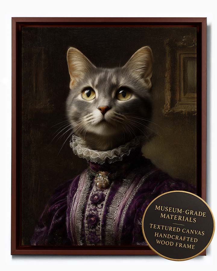 Wagwag Art baroque-style custom pet portrait – a noble female cat in royal purple velvet gown with silver trim, warm candlelight and dark wood background, classical oil painting style, shown in espresso frame