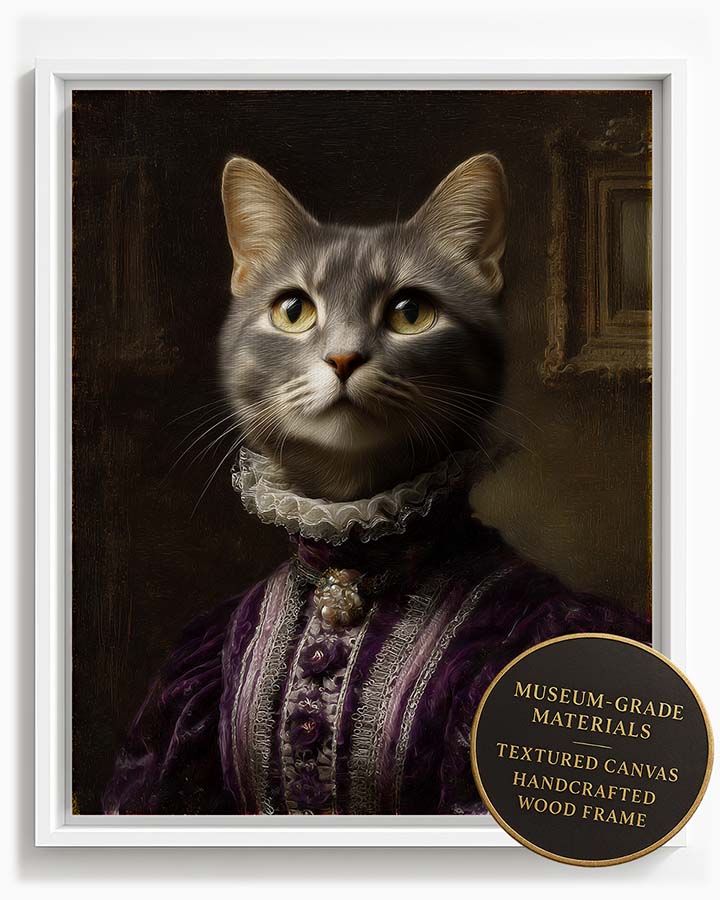 Wagwag Art baroque-style custom pet portrait – a noble female cat in royal purple velvet gown with silver trim, warm candlelight and dark wood background, classical oil painting style, shown in white frame