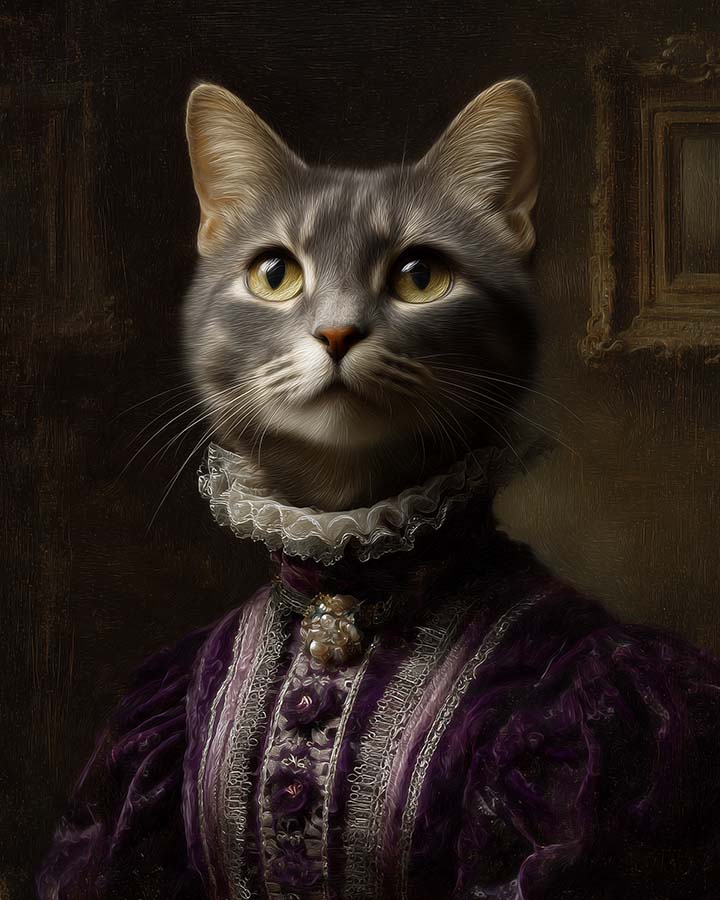 Wagwag Art baroque-style custom pet portrait – a noble female cat in royal purple velvet gown with silver trim, warm candlelight and dark wood background, classical oil painting style