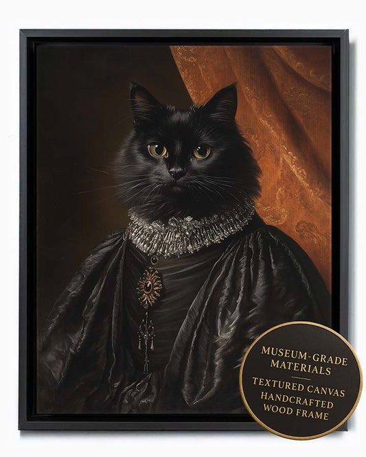 Wagwag Art Baroque Queen Regent style custom pet portrait – a sleek black cat in an ornate silver-threaded gown with dramatic lighting and regal expression, shown in black frame
