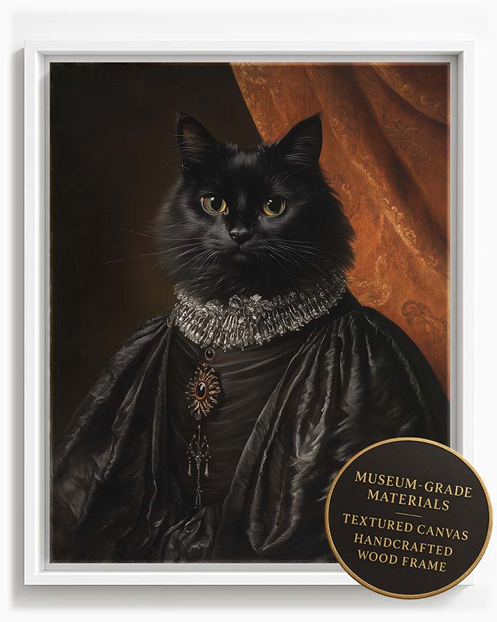 Wagwag Art Baroque Queen Regent style custom pet portrait – a sleek black cat in an ornate silver-threaded gown with dramatic lighting and regal expression, shown in white frame