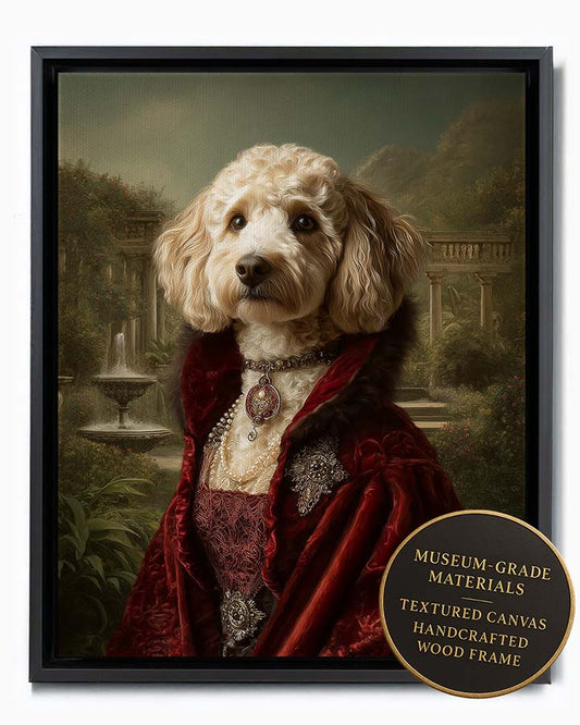 Wagwag Art Baroque-style custom pet portrait – a graceful female dog in red velvet and fur shawl, wearing baroque jewelry, with a Pompeii garden and fountain in background, shown in black frame