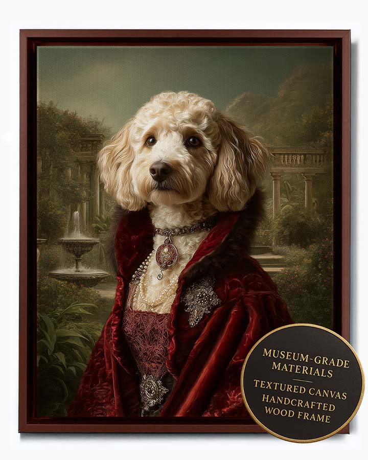 Wagwag Art Baroque-style custom pet portrait – a graceful female dog in red velvet and fur shawl, wearing baroque jewelry, with a Pompeii garden and fountain in background, shown in espresso frame