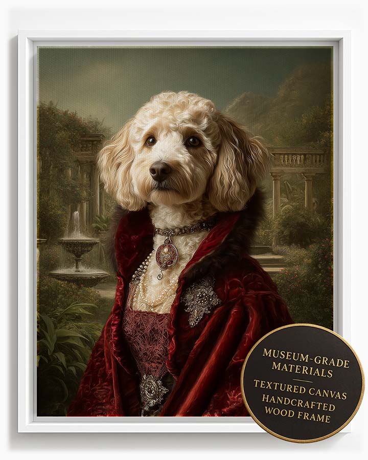 Wagwag Art Baroque-style custom pet portrait – a graceful female dog in red velvet and fur shawl, wearing baroque jewelry, with a Pompeii garden and fountain in background, shown in white frame