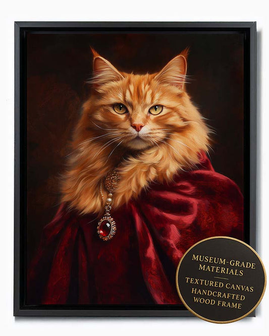 Wagwag Art Baroque royal consort style custom pet portrait – a ginger longhair cat in red velvet with a gemstone pendant, rich painterly textures and warm light, shown in black frame