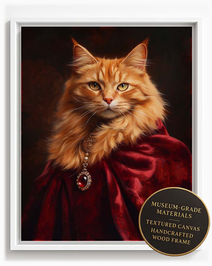 Wagwag Art Baroque royal consort style custom pet portrait – a ginger longhair cat in red velvet with a gemstone pendant, rich painterly textures and warm light, shown in white frame