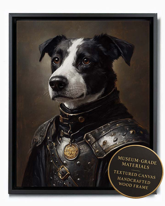Wagwag Art Renaissance knight commander style custom pet portrait – a black and white dog in polished armor with a medal, classical oil painting style, shown in black frame