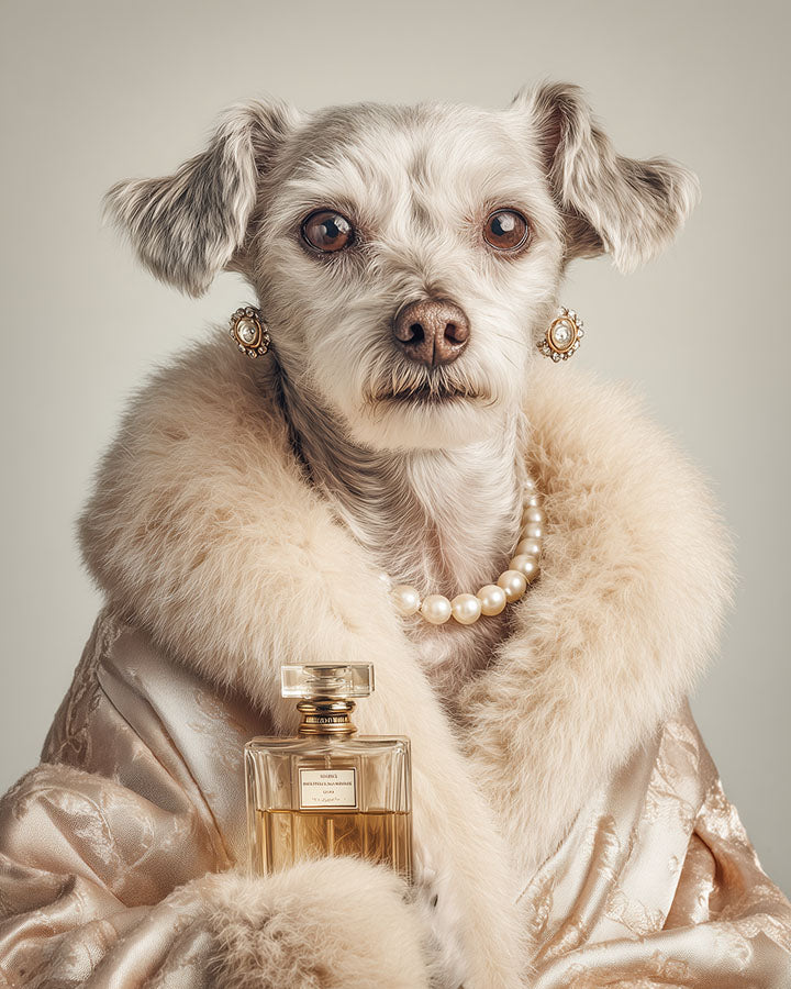 Wagwag Art fashion-style custom pet portrait – an elegant female dog in a champagne robe holding a perfume bottle, pearl earrings, off-white background, luxury editorial oil painting