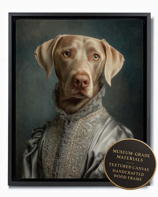 Wagwag Art classical-style custom pet portrait – a dignified female dog in silver-gray satin shoulder wrap, old master oil painting style, shown in black frame