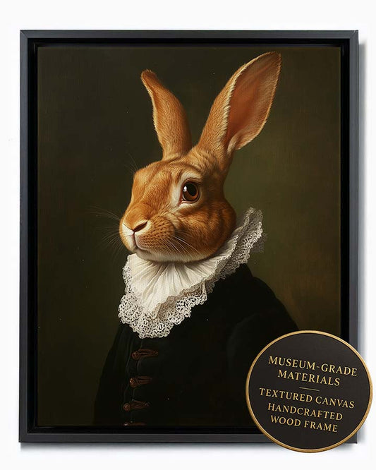 Wagwag Art custom pet portrait in Dutch Golden Age style – a brown rabbit wearing a lace collar and black coat, soft chiaroscuro oil painting effect, shown in black frame