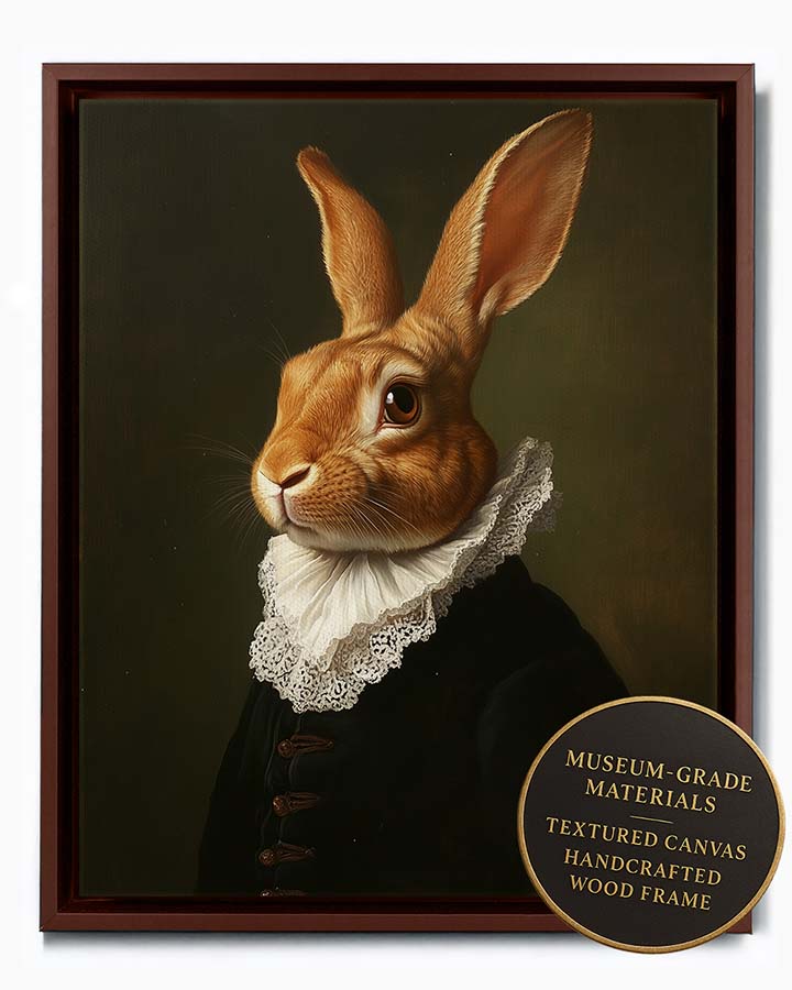 Wagwag Art custom pet portrait in Dutch Golden Age style – a brown rabbit wearing a lace collar and black coat, soft chiaroscuro oil painting effect, shown in espresso frame