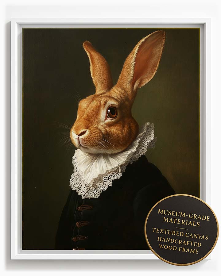 Wagwag Art custom pet portrait in Dutch Golden Age style – a brown rabbit wearing a lace collar and black coat, soft chiaroscuro oil painting effect, shown in white frame