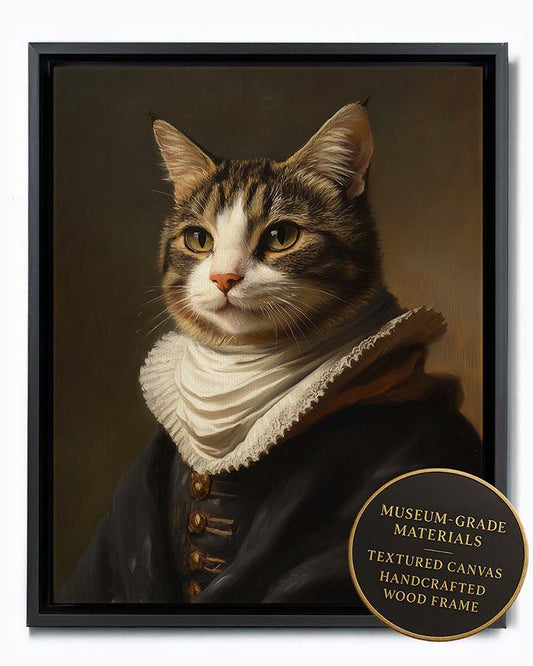 Wagwag Art custom pet portrait in Dutch Renaissance style – a domestic tabby cat in a dark doublet with a white collar, thoughtful expression, warm oil painting tones, shown in black frame