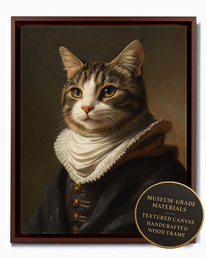 Wagwag Art custom pet portrait in Dutch Renaissance style – a domestic tabby cat in a dark doublet with a white collar, thoughtful expression, warm oil painting tones, shown in espresso frame