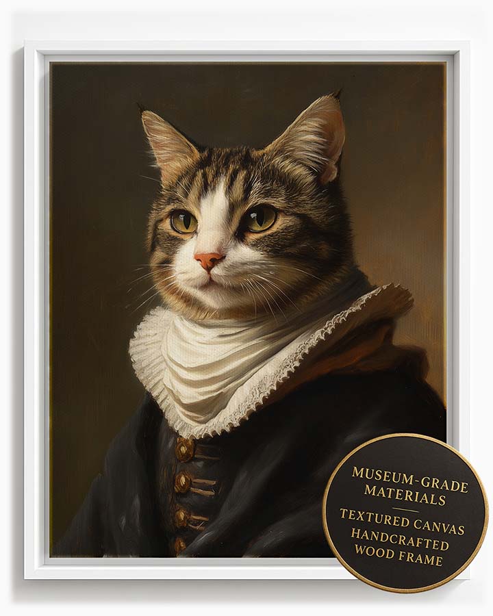Wagwag Art custom pet portrait in Dutch Renaissance style – a domestic tabby cat in a dark doublet with a white collar, thoughtful expression, warm oil painting tones, shown in white frame