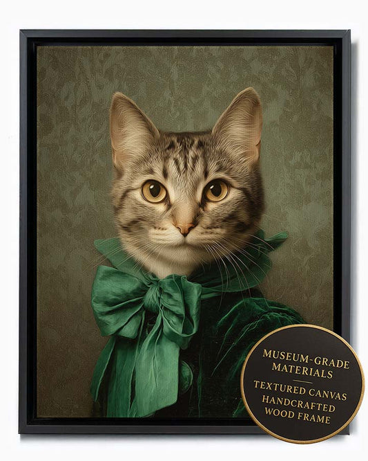 Wagwag Art 18th-century custom pet portrait – a graceful female cat in emerald velvet gown with silk bow, golden brown eyes, classical green-gray damask background, oil painting style, shown in black frame