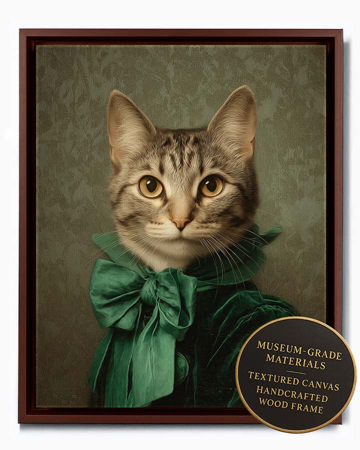 Wagwag Art 18th-century custom pet portrait – a graceful female cat in emerald velvet gown with silk bow, golden brown eyes, classical green-gray damask background, oil painting style, shown in espresso frame
