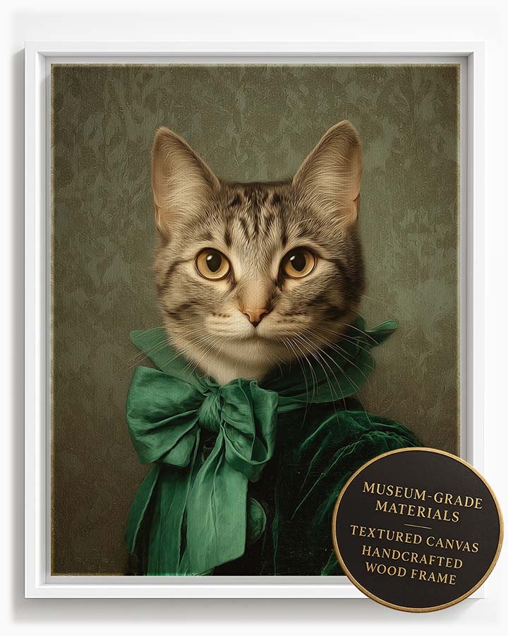 Wagwag Art 18th-century custom pet portrait – a graceful female cat in emerald velvet gown with silk bow, golden brown eyes, classical green-gray damask background, oil painting style, shown in white frame