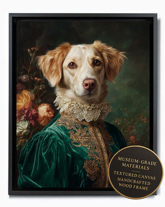 Wagwag Art aristocratic custom pet portrait – a noble female dog in emerald green velvet gown with pearl lace collar, palace drapery and floral background, oil painting style, shown in black frame