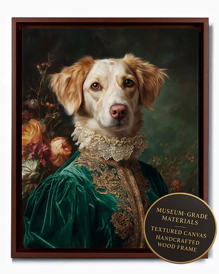 Wagwag Art aristocratic custom pet portrait – a noble female dog in emerald green velvet gown with pearl lace collar, palace drapery and floral background, oil painting style, shown in espresso frame