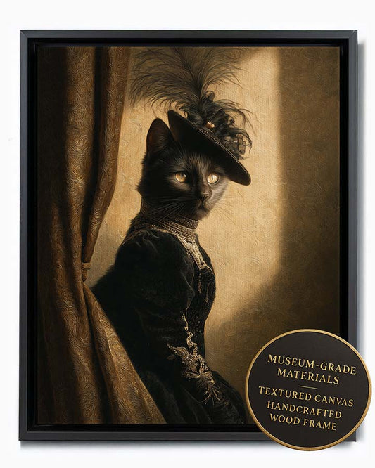 Wagwag Art European-style custom pet portrait – a confident female cat in black velvet gown with gold embroidery and feathered hat, classical oil painting with golden light, shown in black frame