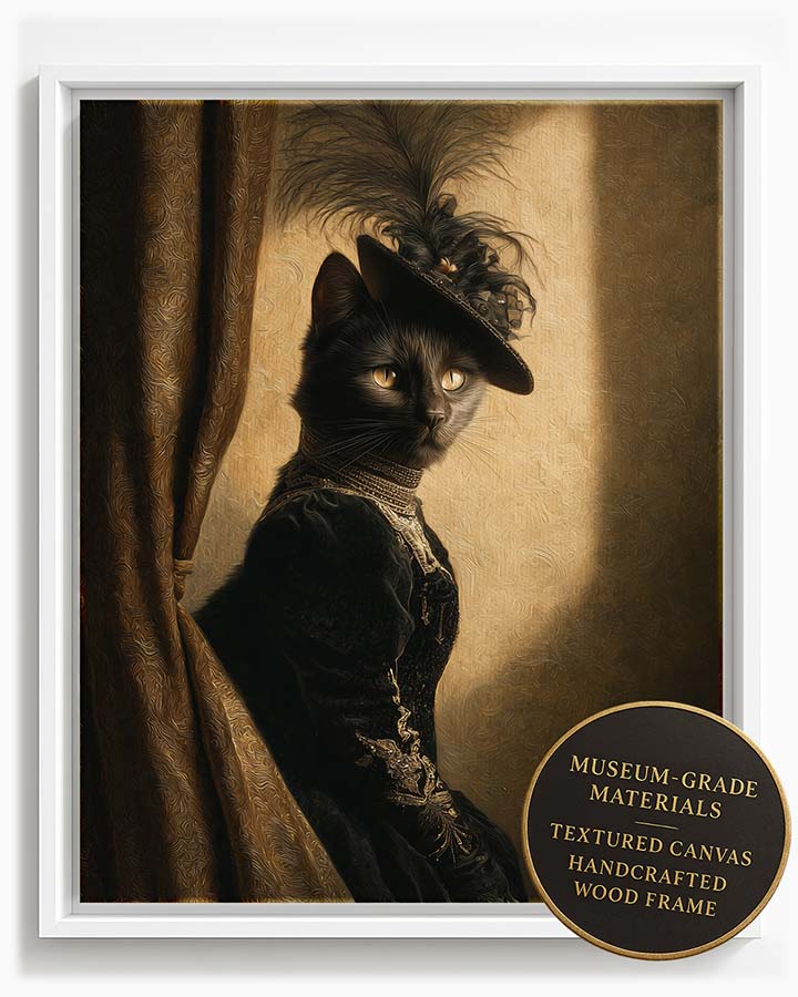 Wagwag Art European-style custom pet portrait – a confident female cat in black velvet gown with gold embroidery and feathered hat, classical oil painting with golden light, shown in white frame
