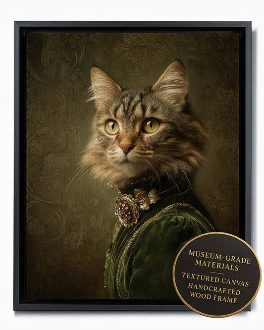 Wagwag Art Baroque-style custom pet portrait – an elegant female cat in forest green velvet gown with gold trim and vintage brooch, dark olive damask background, classical oil painting, shown in black frame