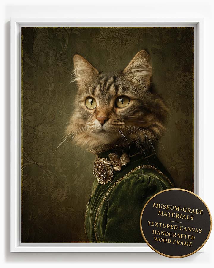Wagwag Art Baroque-style custom pet portrait – an elegant female cat in forest green velvet gown with gold trim and vintage brooch, dark olive damask background, classical oil painting, shown in white frame