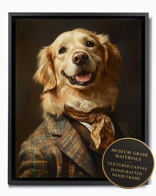 Wagwag Art Georgian-style custom pet portrait – Golden Retriever in tweed jacket and cravat with manor house library backdrop, shown in black frame