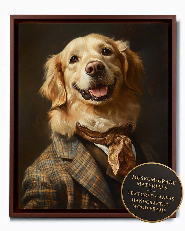 Wagwag Art Georgian-style custom pet portrait – Golden Retriever in tweed jacket and cravat with manor house library backdrop, shown in espresso frame