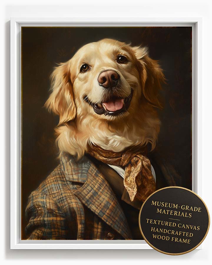 Wagwag Art Georgian-style custom pet portrait – Golden Retriever in tweed jacket and cravat with manor house library backdrop, shown in white frame